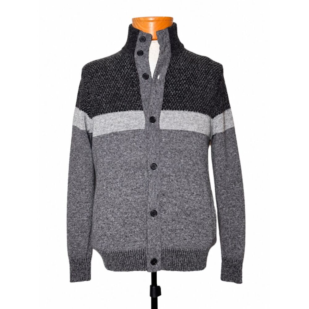 Kenneth Cole Grey Colorblock Wool Button Mock Neck Cardigan Sweater Medium